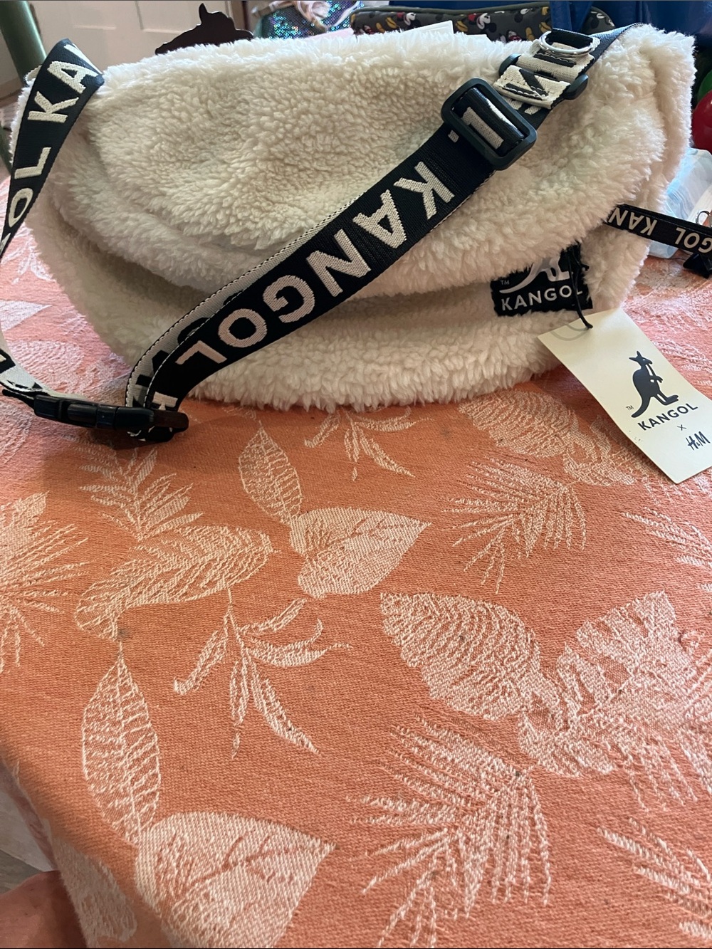 Kangol Cream Sherpa Crossbody with Black Branded Strap